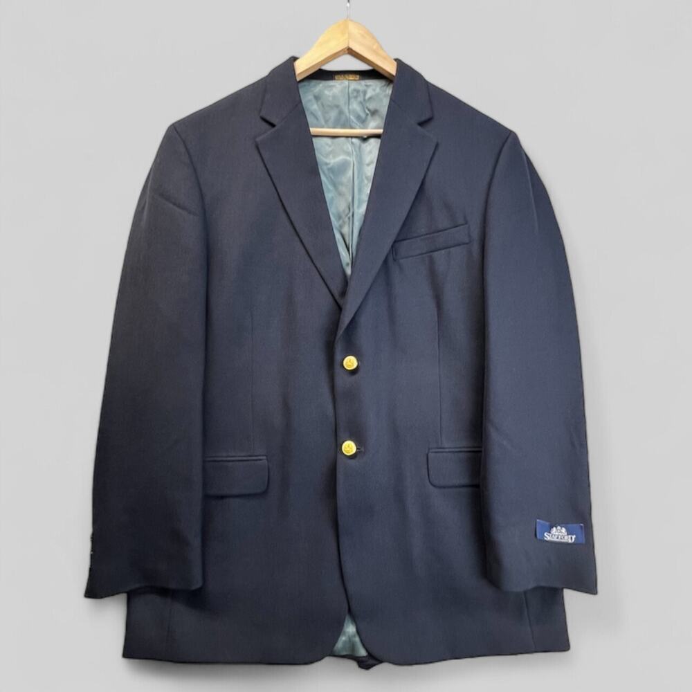 Vtg Stafford Mens Navy Sport Coat Hopsack Gold Buttons 43L 90s Old Money Classic